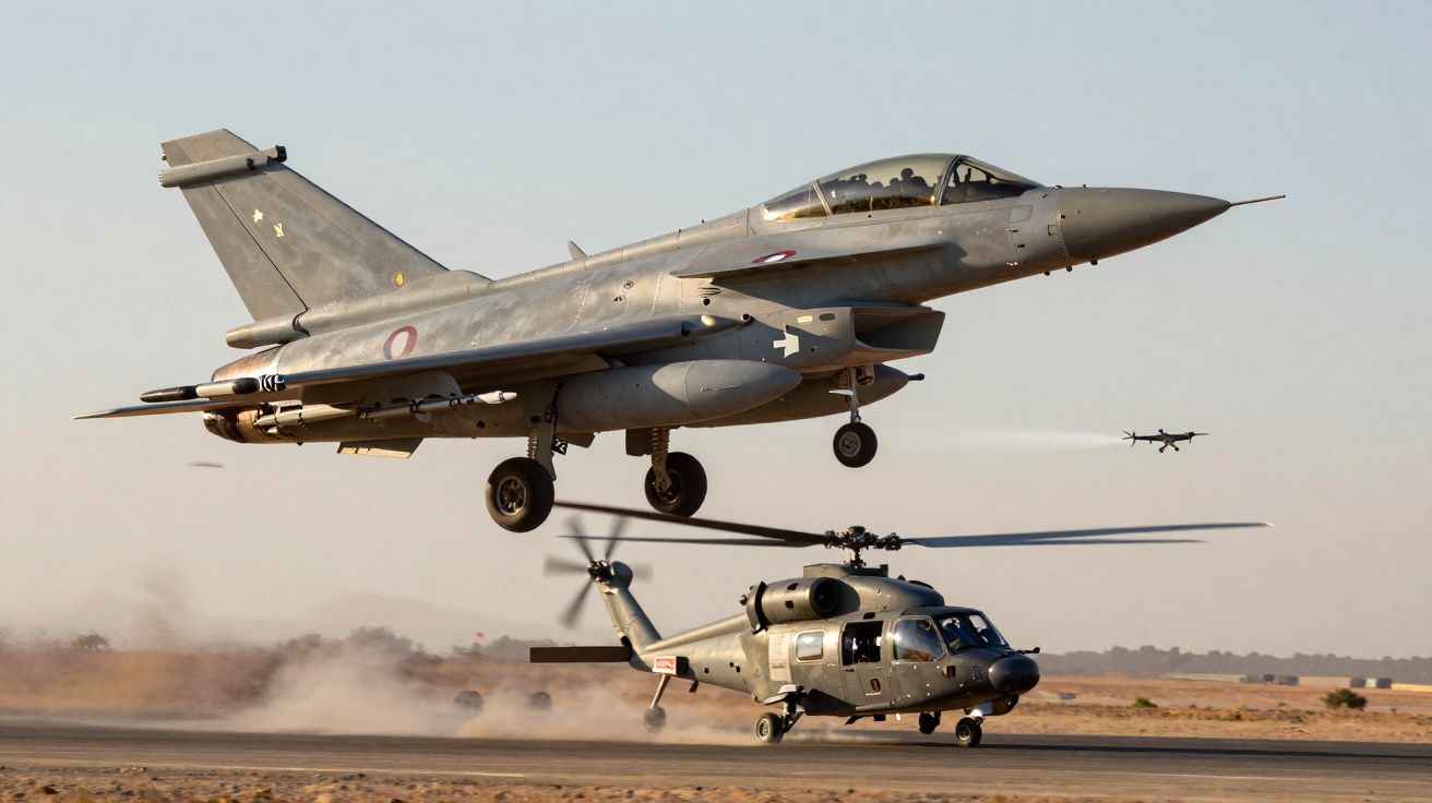 Jato militar a descolar com helicóptero militar em pista de terra em ambiente desértico.