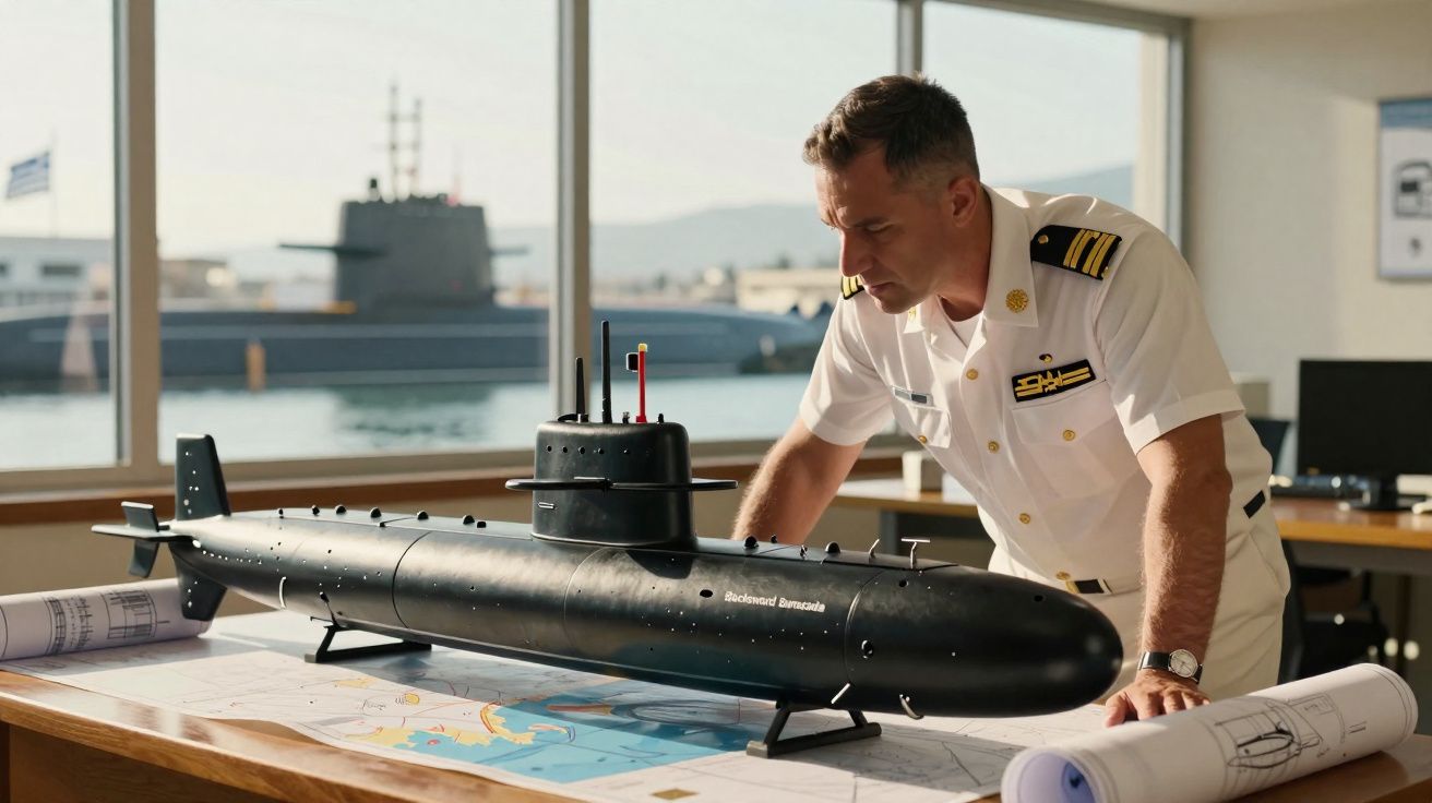 Homem fardado examina modelo reduzido de submarino sobre mesa com mapas e plantas náuticas.