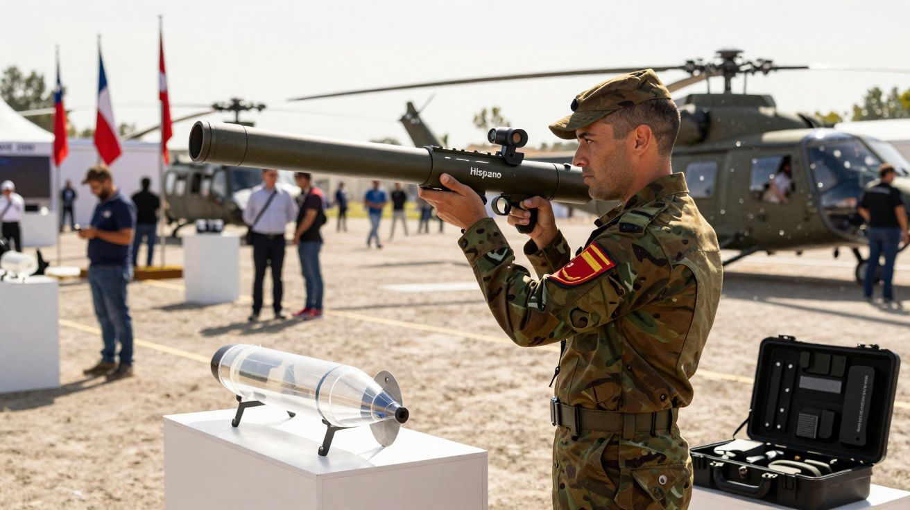 Soldado em uniforme camuflado mira lança-foguetes exibido em feira militar com helicóptero ao fundo.