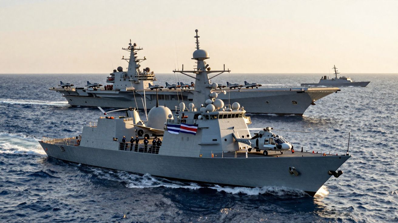 Três navios militares no mar, incluindo um porta-aviões com aviões a bordo ao fundo.