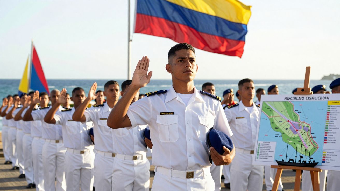 Marinheiros em formação a jurar bandeira da Colômbia junto ao mar, com mapa em exibição ao lado.