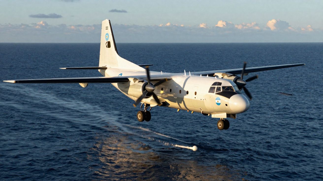 Avião militar branco a lançar um dispositivo sobre o mar durante voo em dia claro.