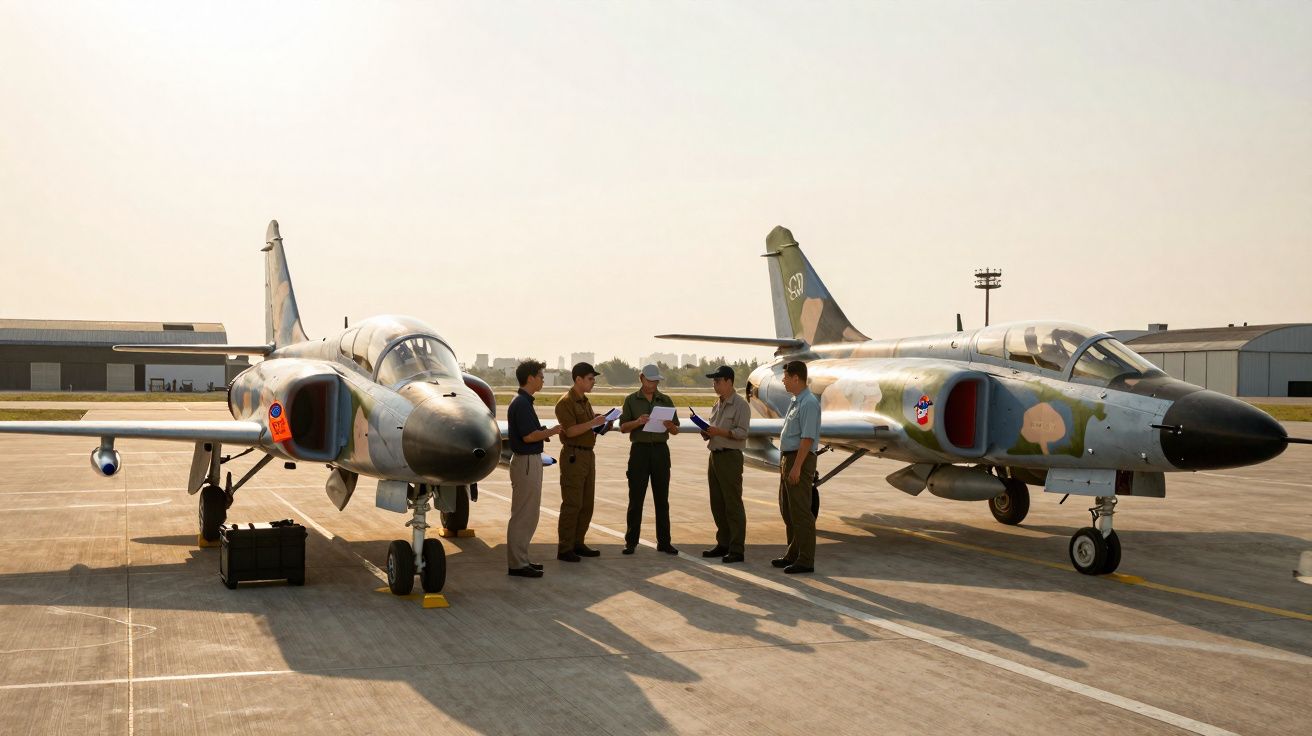 Cinco militares reunidos no pátio num aeroporto militar com dois caças estacionados.