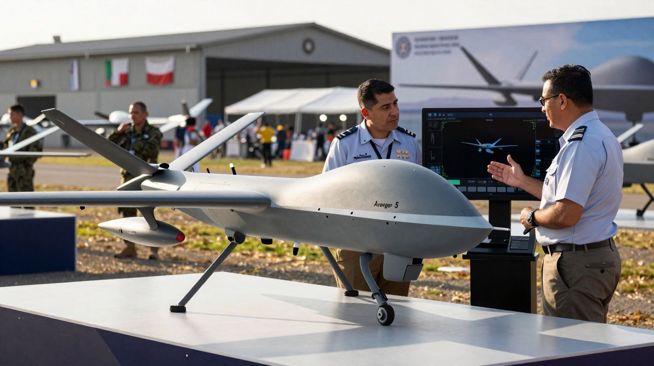 Drone militar de grande porte exposto numa feira aérea, com dois militares a discutir junto a um ecrã.