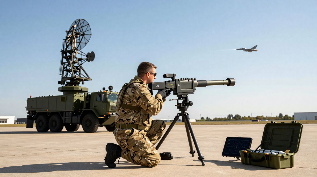 Soldado em uniforme camuflado ajoelhado a operar arma anti-aérea com jato a voar no céu claro.