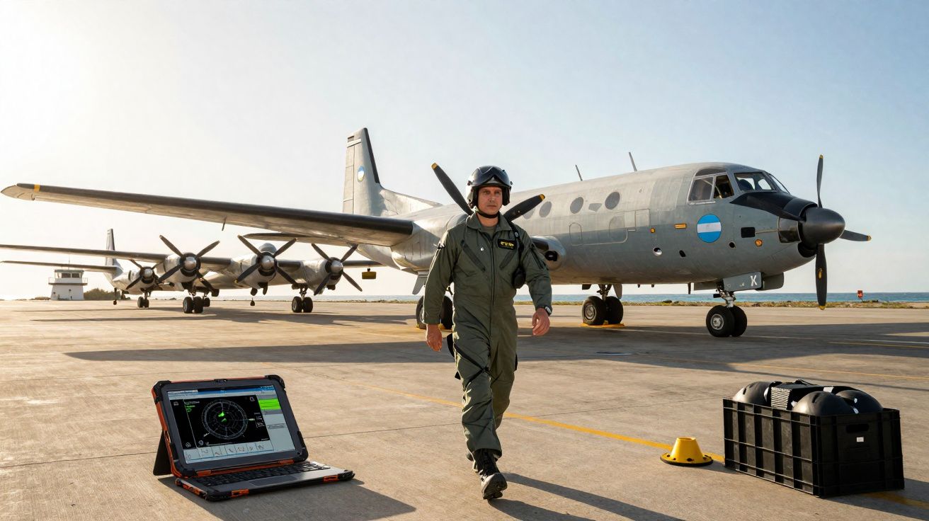 Piloto em uniforme com capacete a caminhar numa pista, com aviões militares e equipamento tecnológico visíveis.