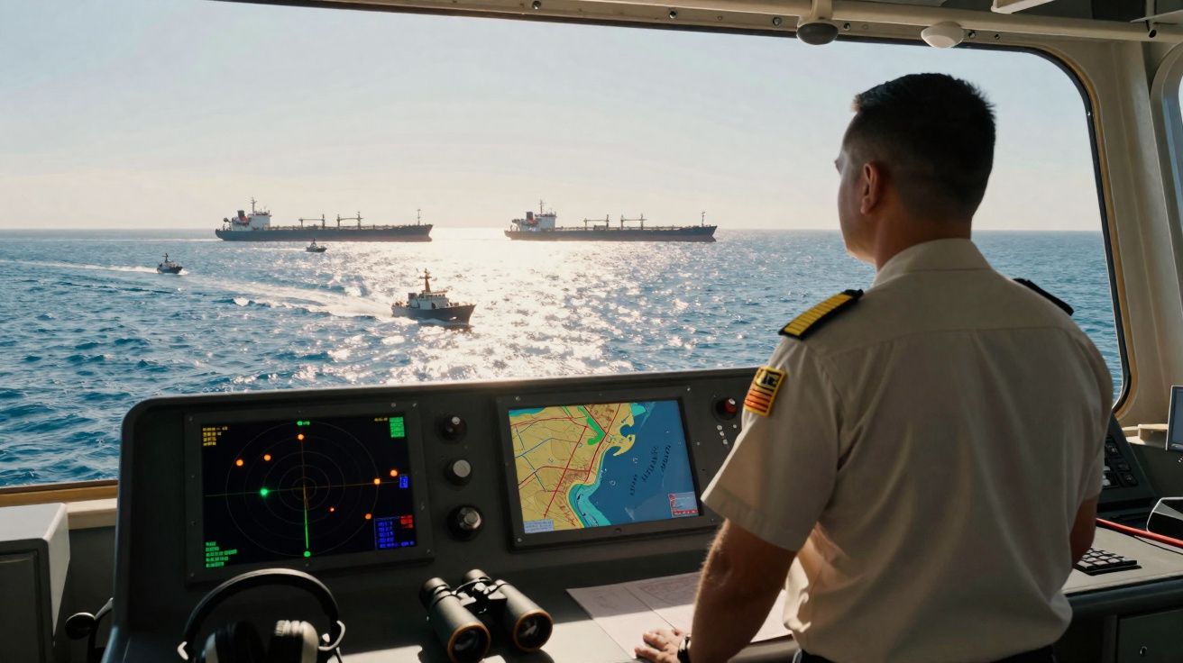 Capitão a observar navios no mar a partir da ponte de comando com radares e mapas digitais visíveis.