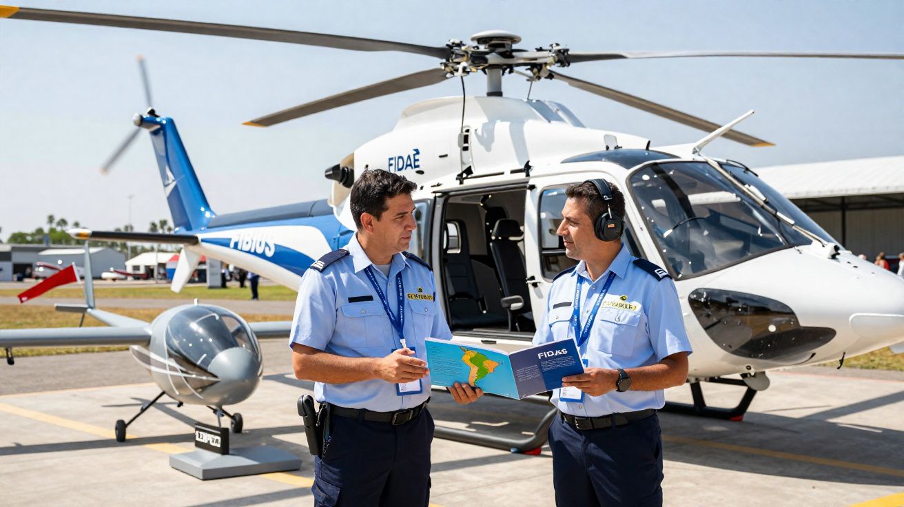 Dois homens em uniforme azul claro discutem perto de um helicóptero branco estacionado numa pista.
