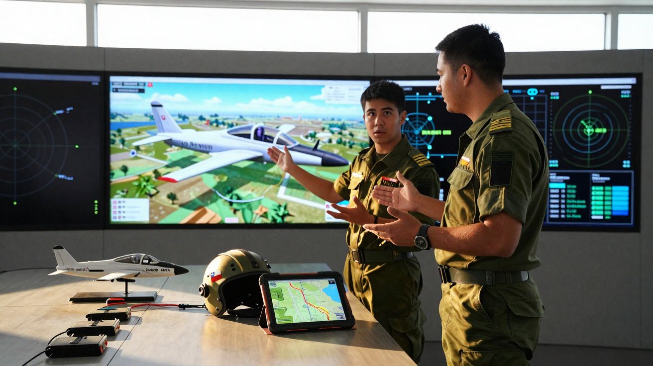 Dois militares junto a uma mesa com capacete, modelo de avião, tablet e ecrãs com imagens de avião e radar.