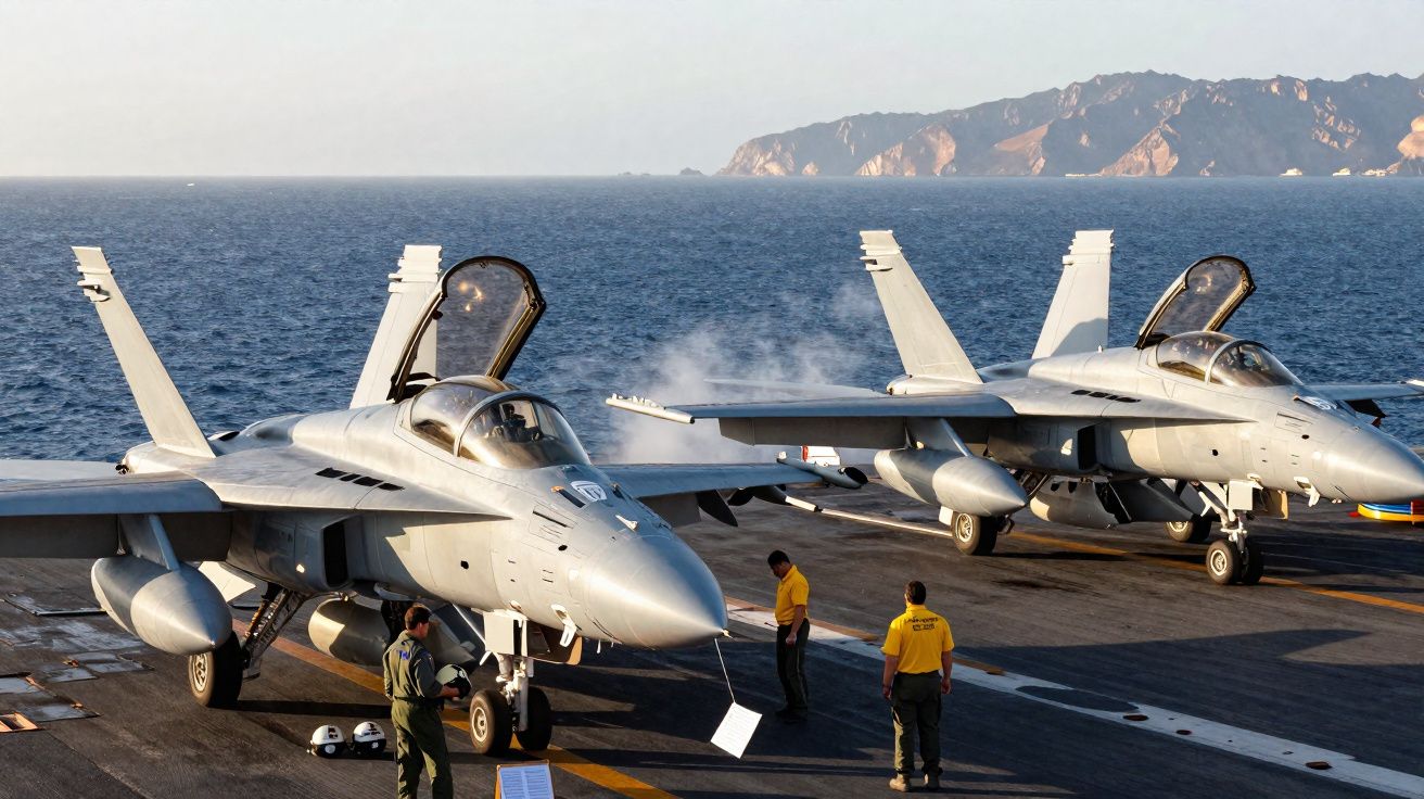 Dois caças F-18 são inspecionados por três técnicos na pista de um porta-aviões com mar e ilha ao fundo.