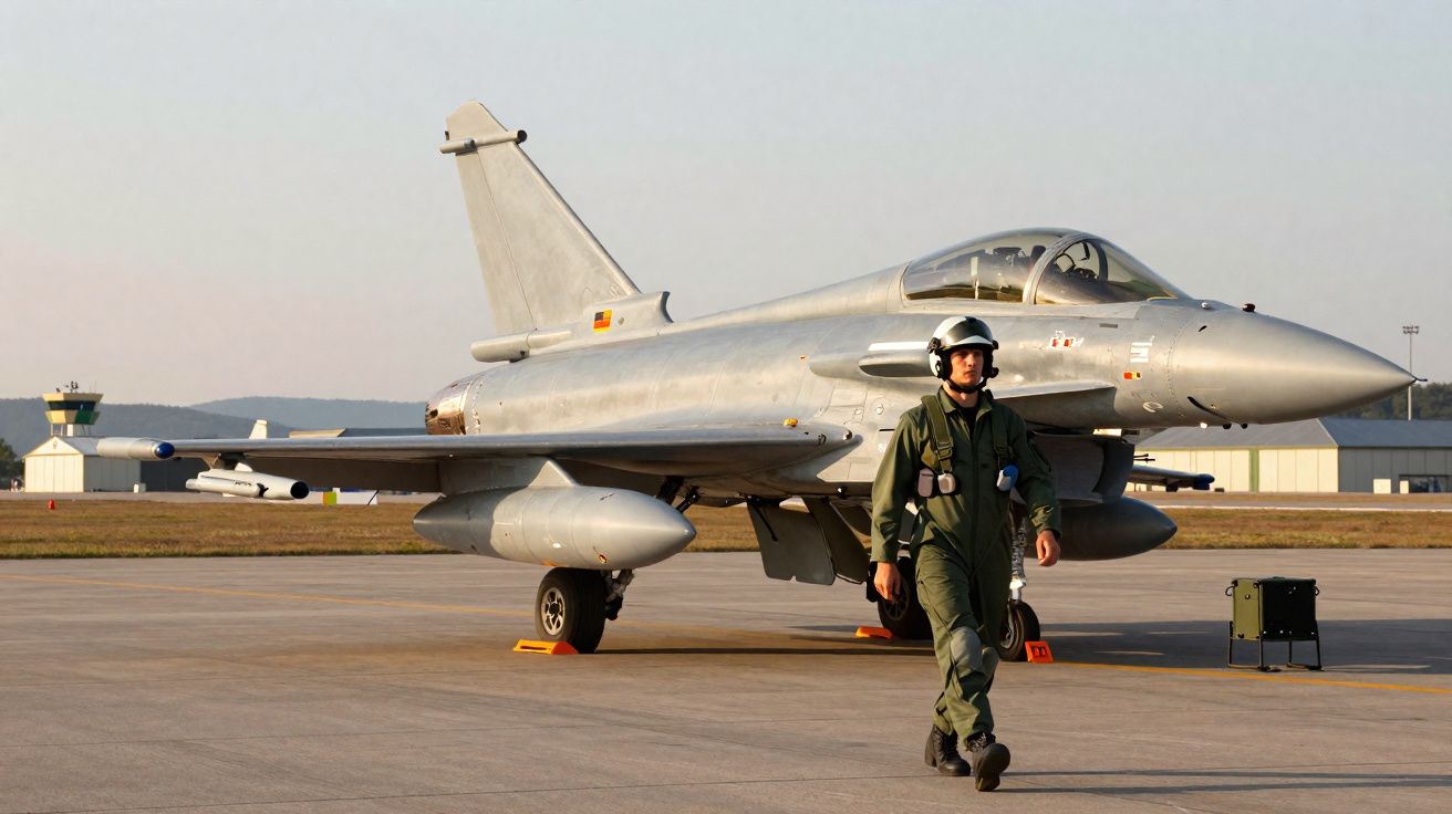 Piloto militar em fato de voo verde caminha junto a caça furtivo estacionado em pista de aeroporto.