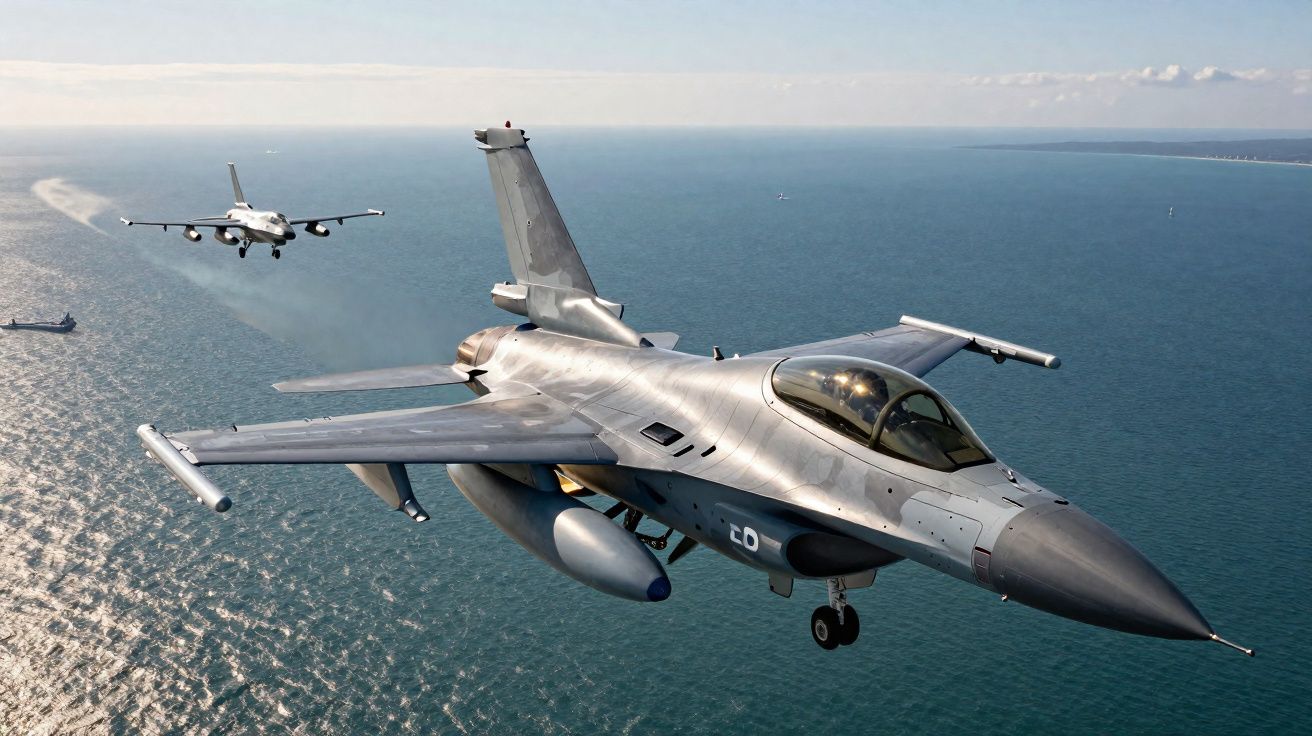 Dois aviões militares a sobrevoar o mar, um caça em primeiro plano e outro a acompanhar ao fundo.