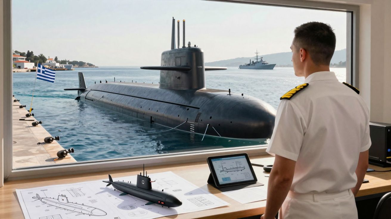 Militar observa submarino grego no porto através de grande janela, com maquete e plantas do submarino na mesa.
