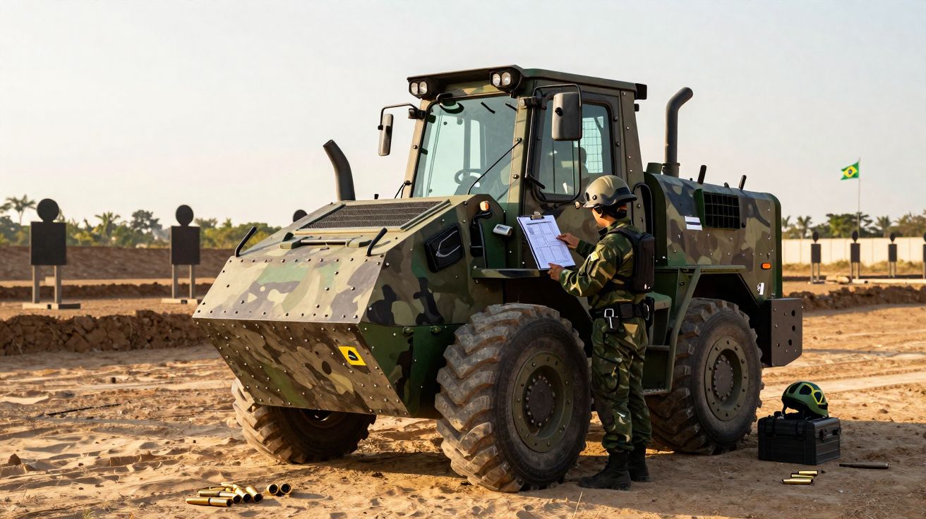 Soldado português a consultar documentos junto a veículo militar blindado em treino num campo de areia.