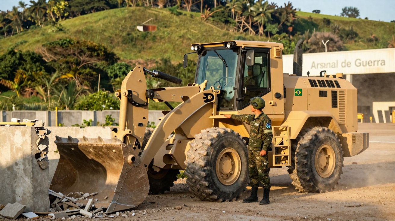 Soldado brasileiro junto a uma máquina escavadora a demolir uma parede de blocos de cimento.