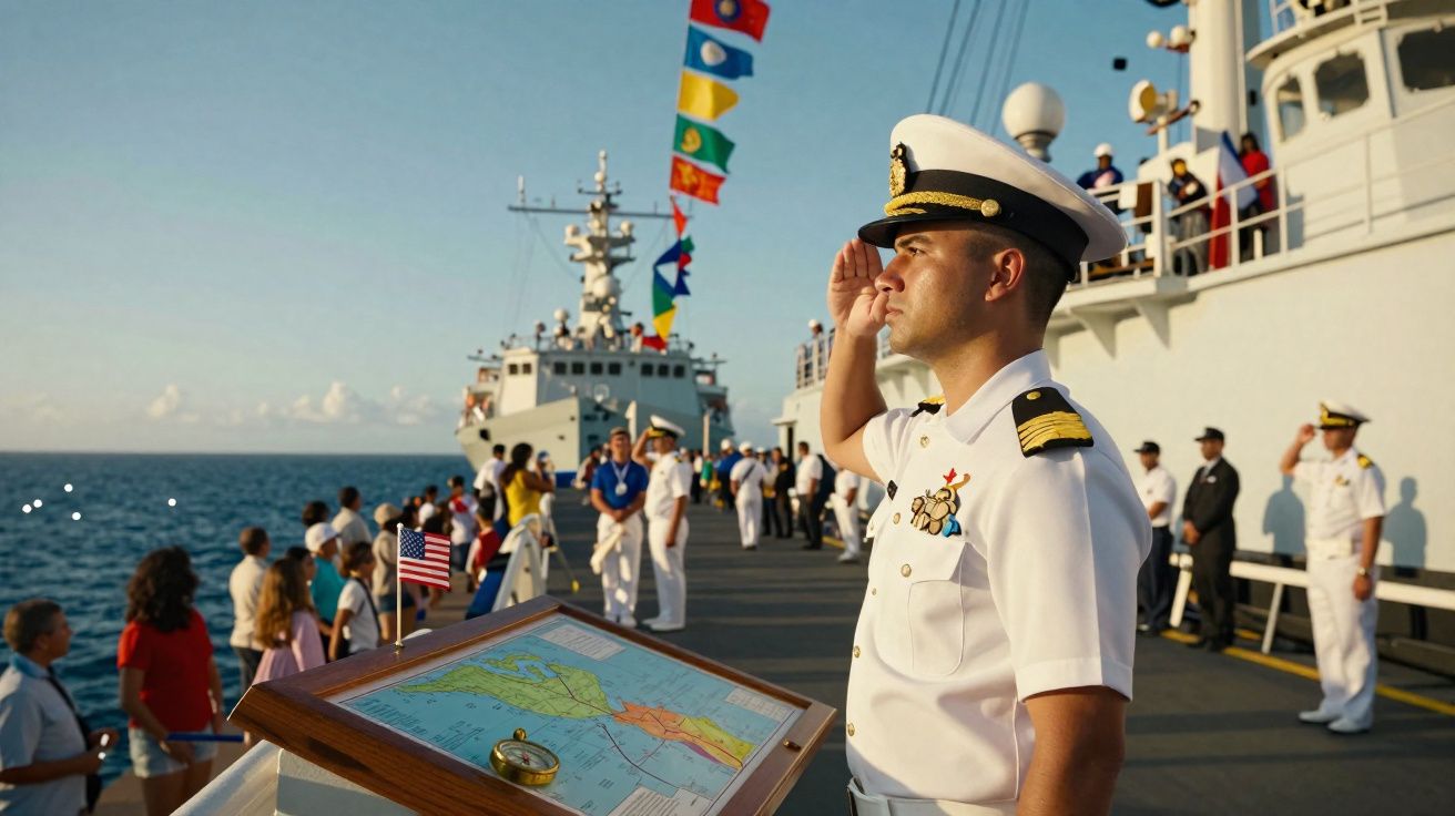 Oficial naval a cumprimentar em convés de navio com pessoas e bandeiras coloridas ao fundo no mar.