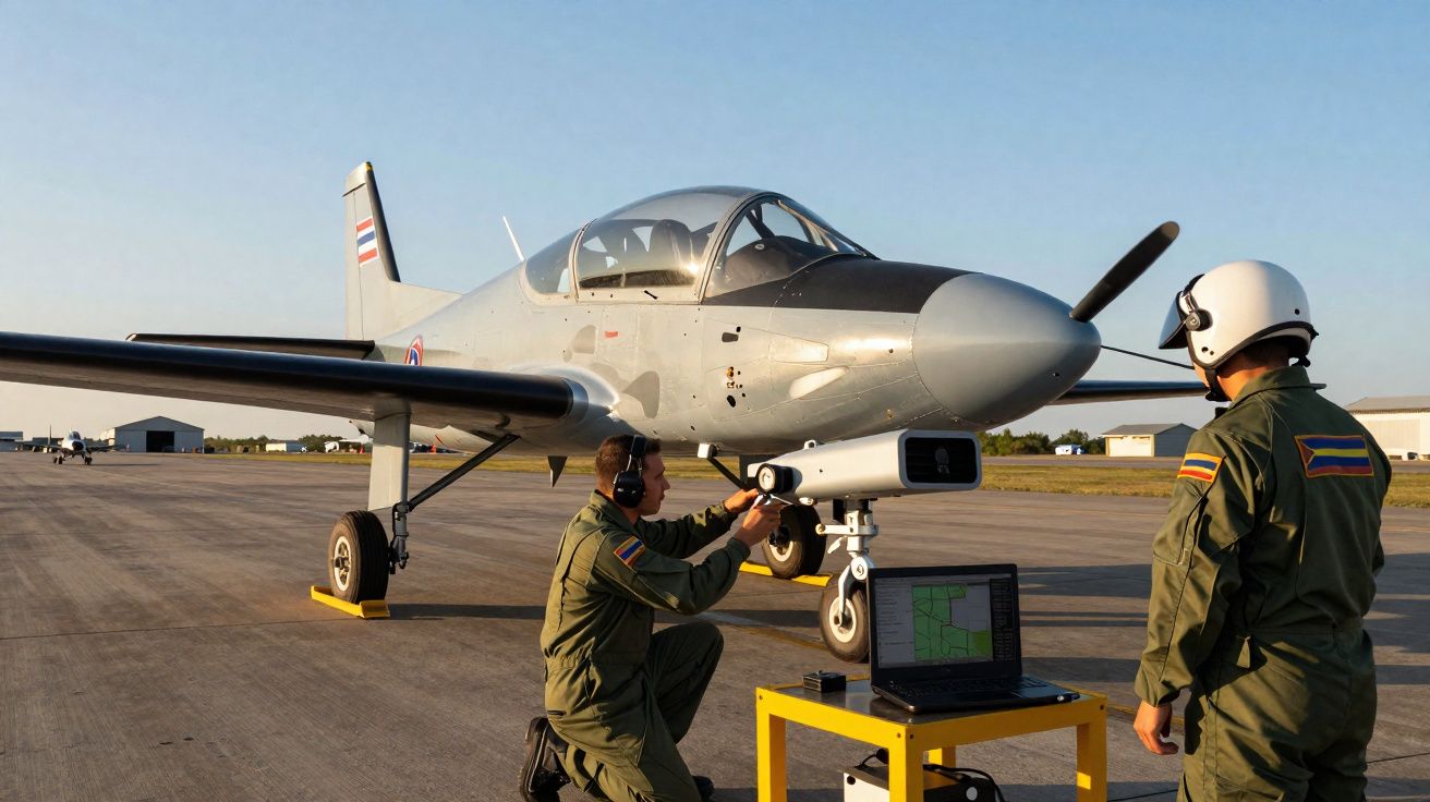 Dois militares trabalham numa aeronave leve estacionada numa pista de aeroporto, com portátil num suporte amarelo.