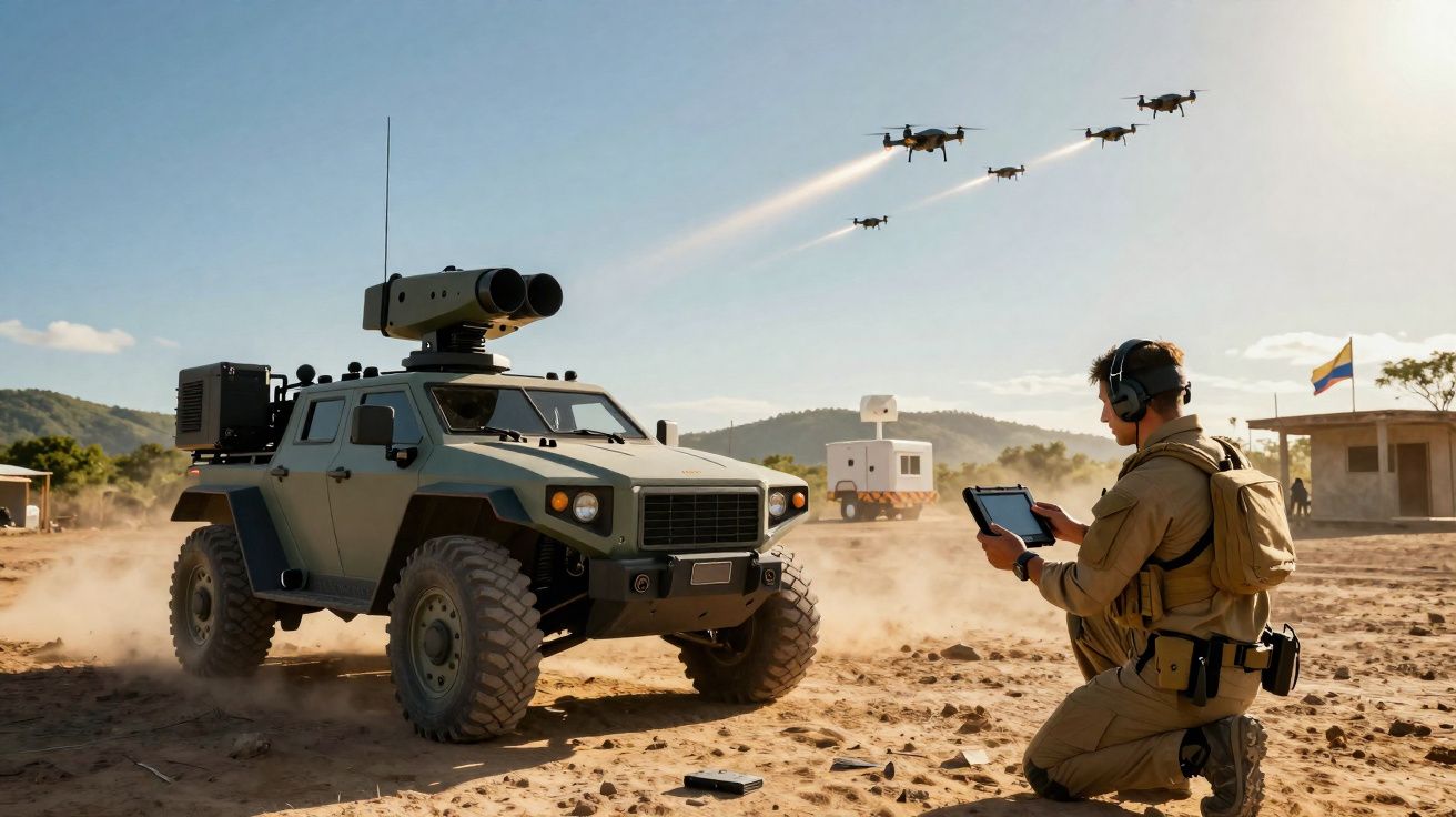 Soldado operativo controla drones com tablet perto de veículo militar com equipamento tecnológico em terreno árido.