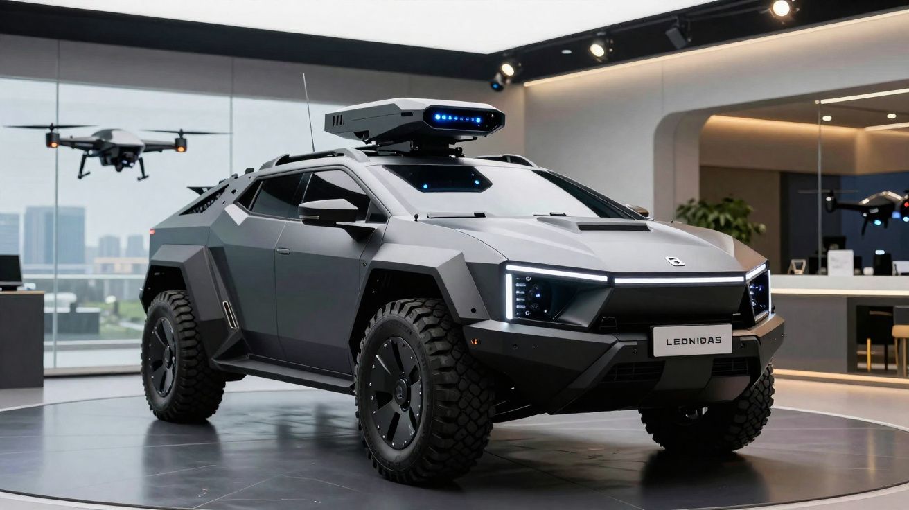 Carro futurista blindado cinza escuro com pneus grandes e drone suspenso ao lado em ambiente interior moderno.