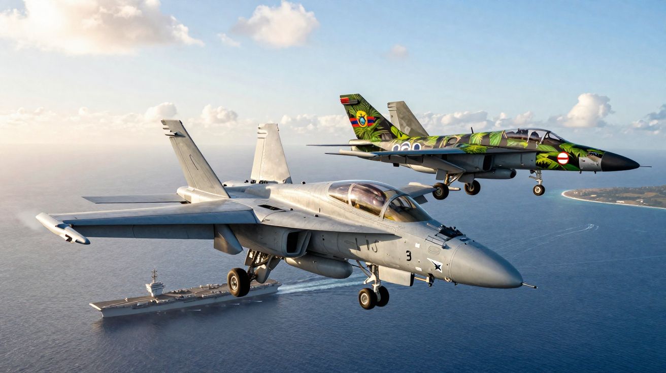 Dois caças em voo sobre o oceano, com um porta-aviões visível ao fundo e céu parcialmente nublado.