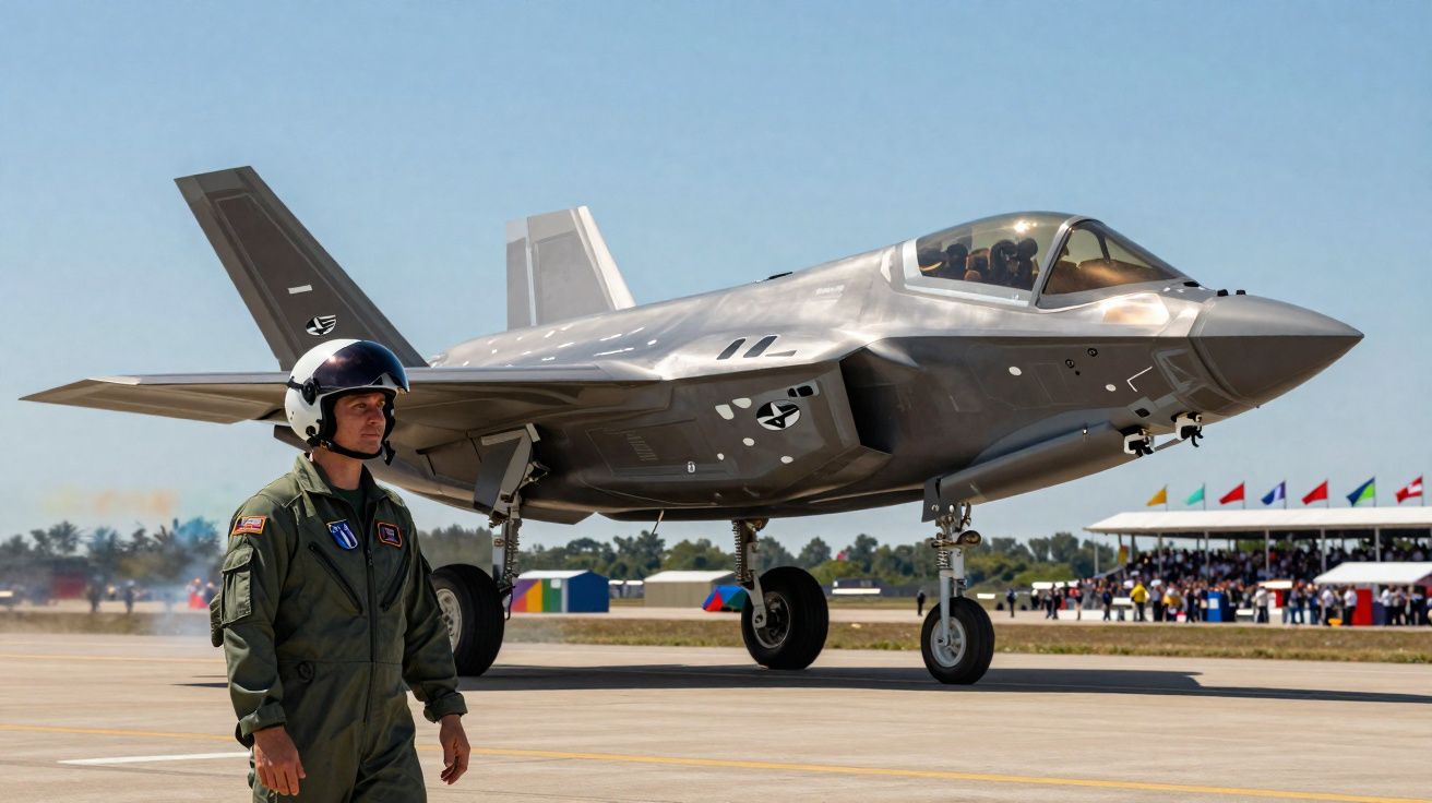 Piloto com fato verde e capacete ao lado de caça militar cinzento estacionado numa pista de aeroporto.