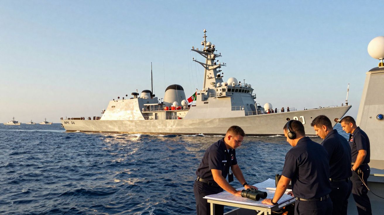 Quatro militares a bordo de um navio de guerra analisam mapas no convés com outro navio militar ao fundo.