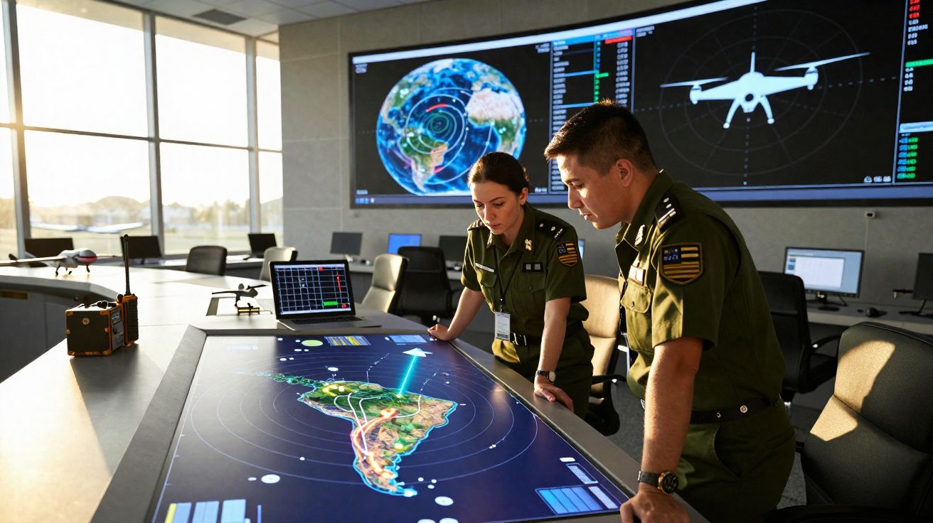 Dois militares analisam mapas digitais e dados táticos em sala de controlo com painéis tecnológicos modernos.