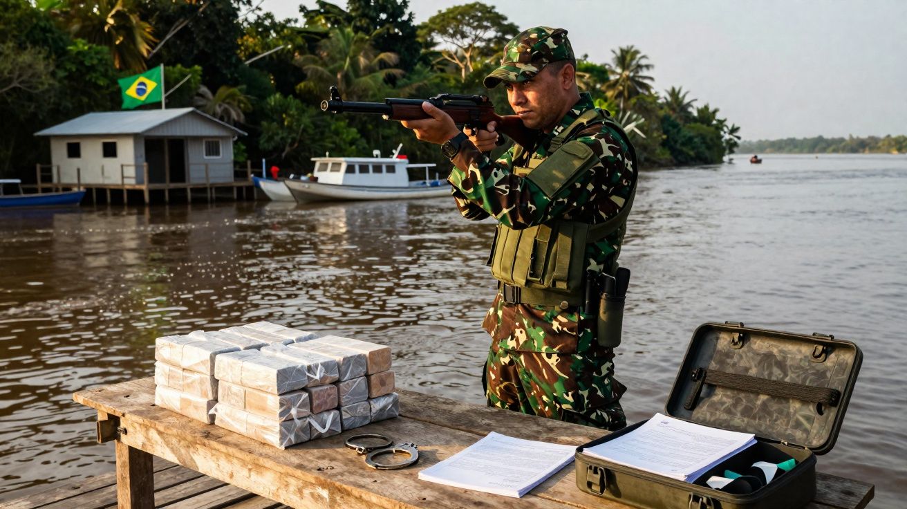 Militar armado numa zona ribeirinha com vários pacotes e material de documentação sobre a mesa de madeira.