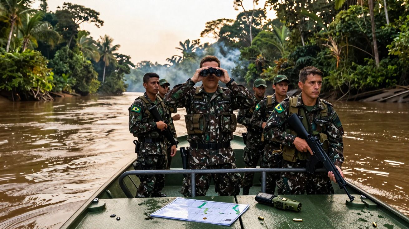 Militares brasileiros em barco no rio cercado por selva, um usa binóculos e outro segura arma.
