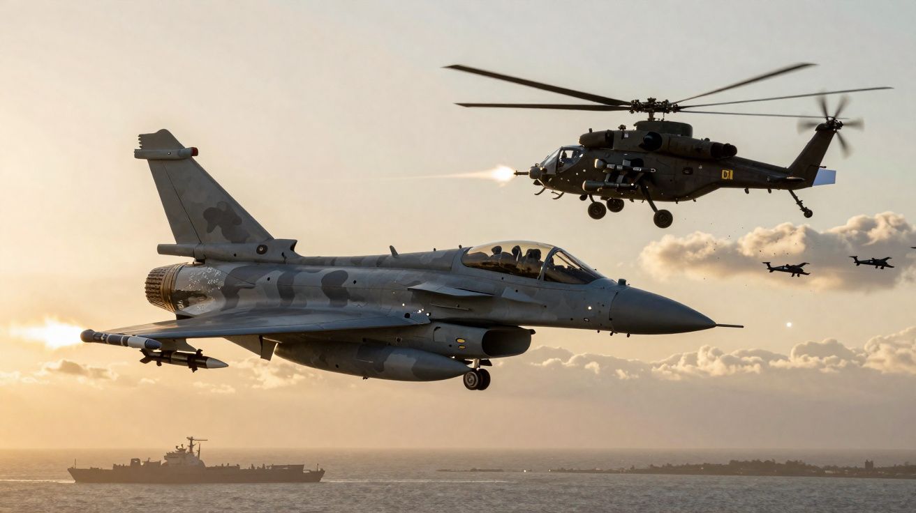 Caça militar e helicóptero em voo com disparos sobre o mar ao pôr do sol e navio no horizonte.