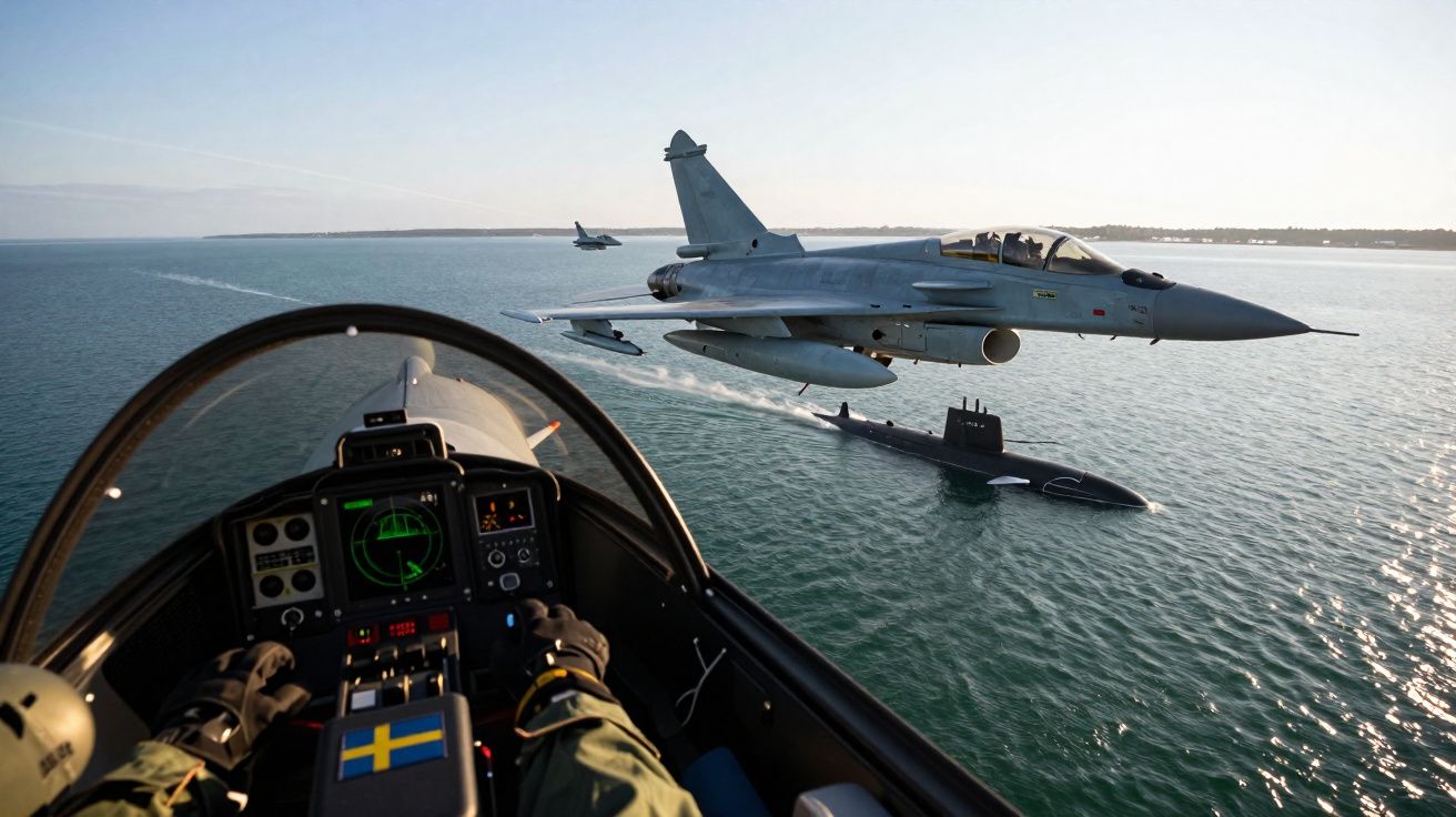 Cockpit de jato militar com vista para outro jato a sobrevoar um submarino na água durante o pôr do sol.