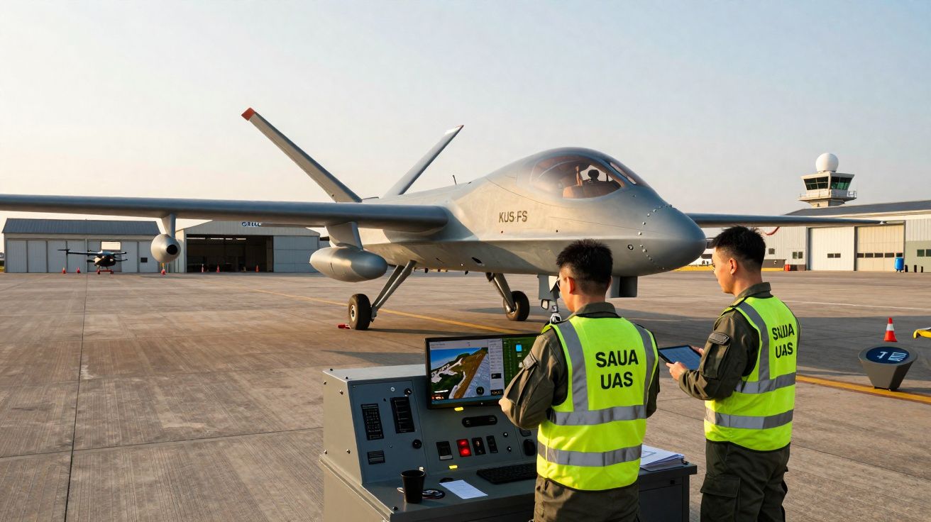 Dois operadores em coletes amarelos junto a um painel controlam um drone militar num aeroporto ao pôr do sol.
