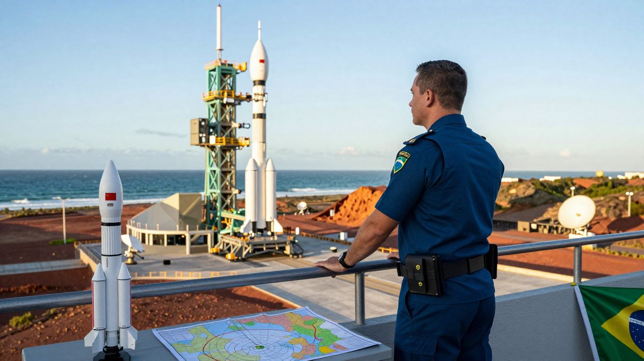 Homem em uniforme azul observa dois foguetões em plataforma de lançamento junto ao oceano.