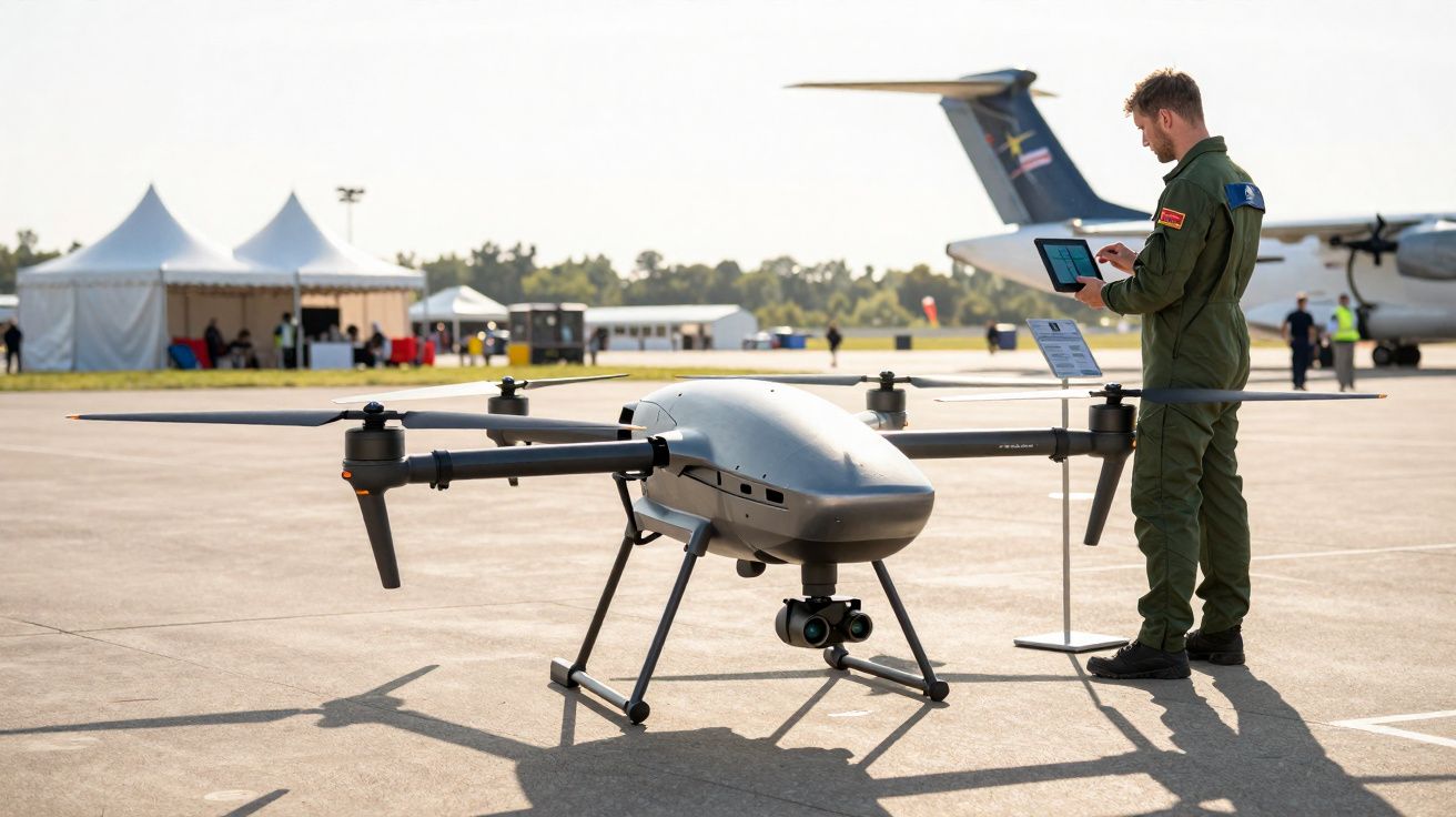 Drone militar estacionado numa pista de aeroporto, com piloto em fato verde a operar tablet.