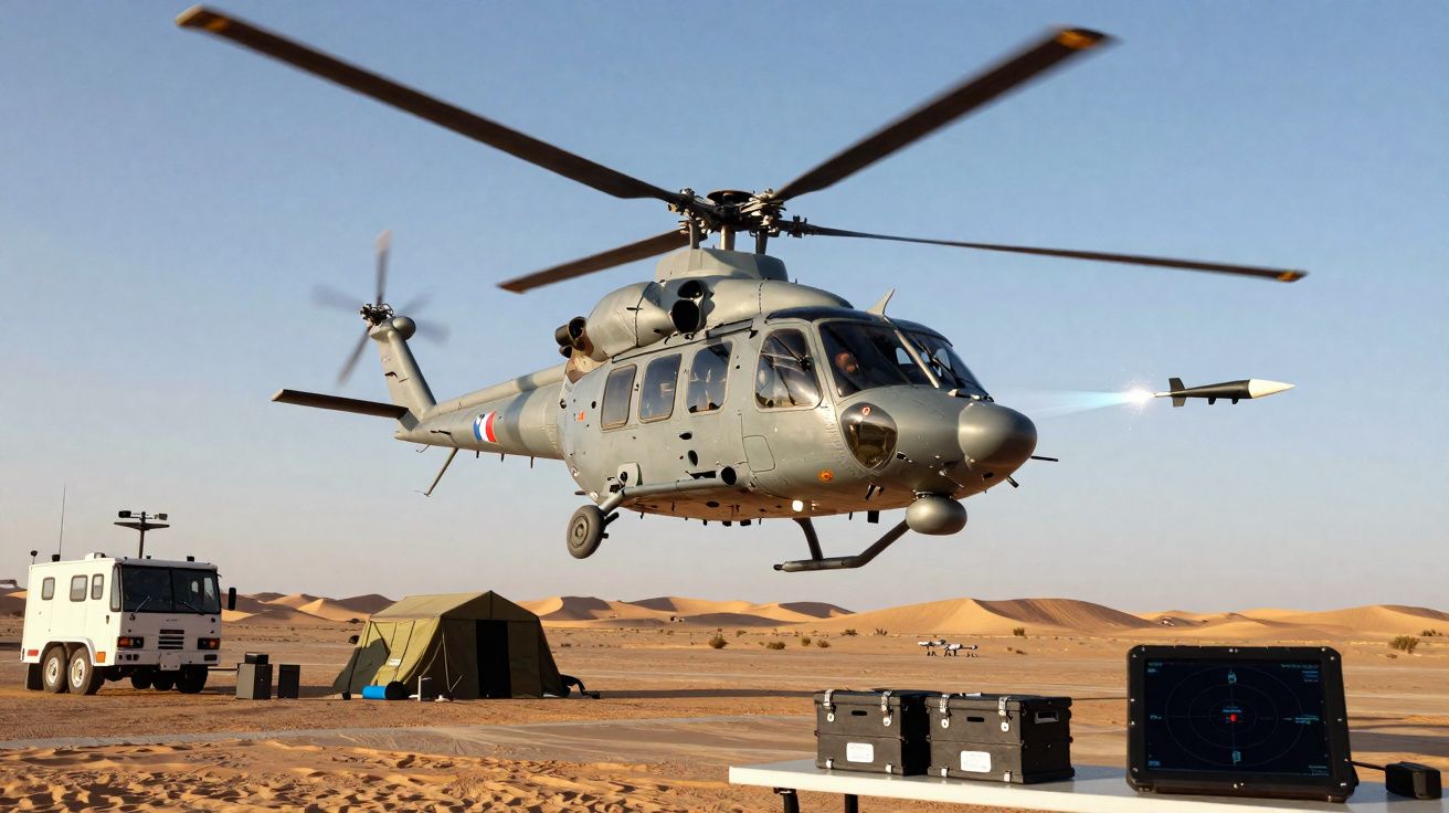 Helicóptero militar cinzento a disparar míssil em ambiente desértico com equipamento e viatura no solo.