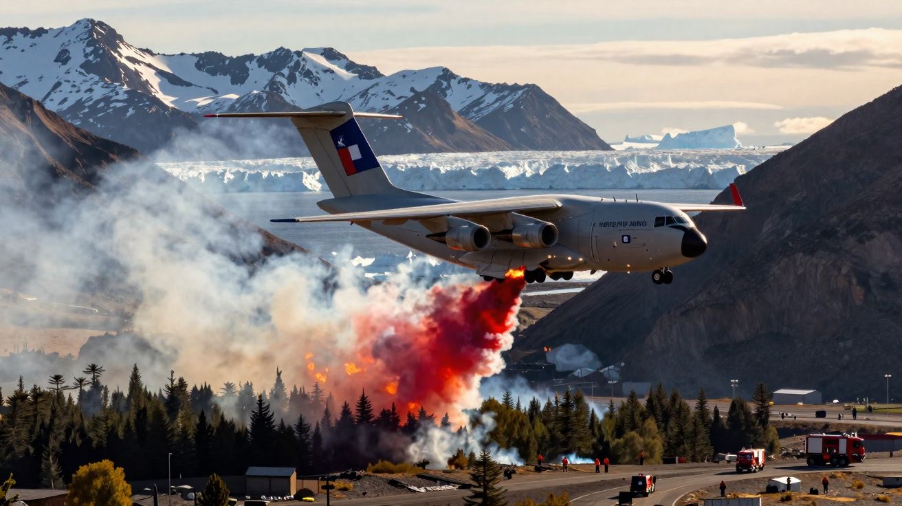 Avião de combate a incêndios bombeia água vermelha numa floresta junto a montanhas e gelo.