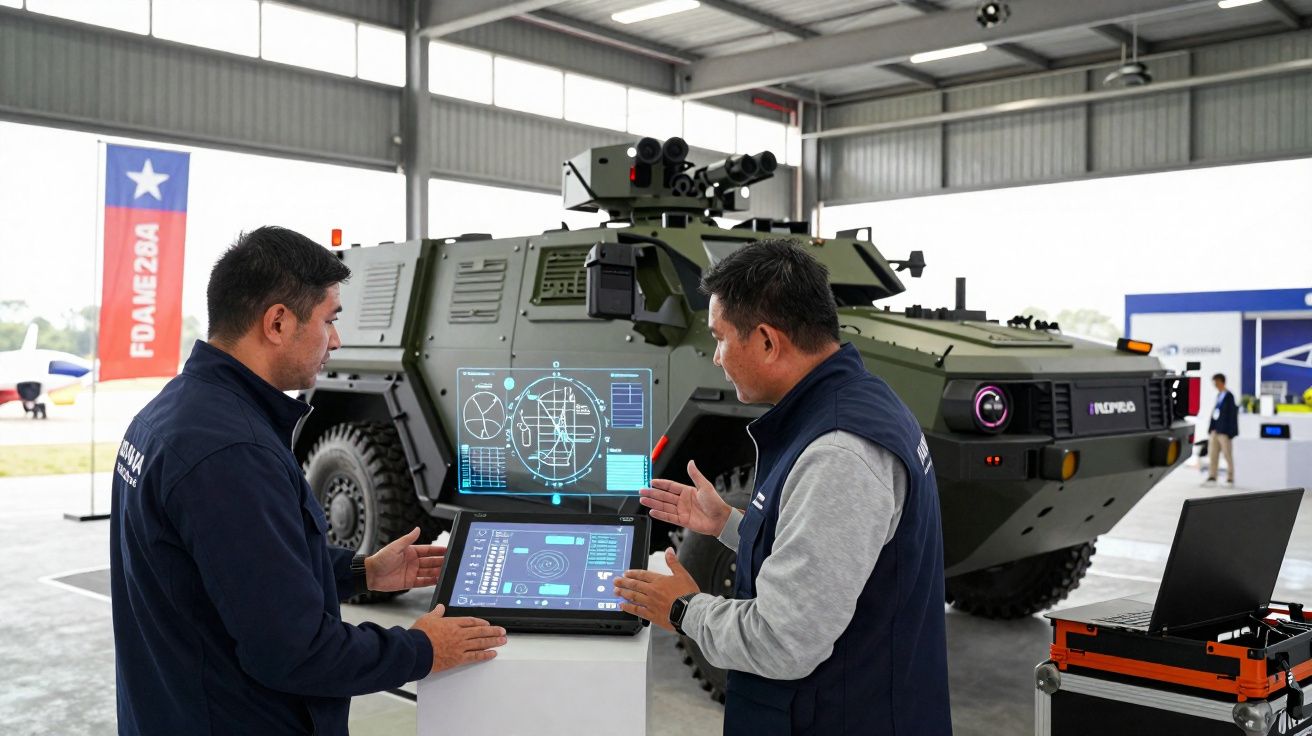 Dois homens analisam dados digitais em ecrãs táteis frente a um blindado militar num hangar.