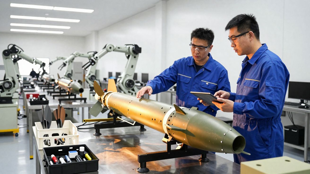 Dois engenheiros em uniforme azul e óculos de proteção inspecionam um prototype de míssil numa oficina de robótica.