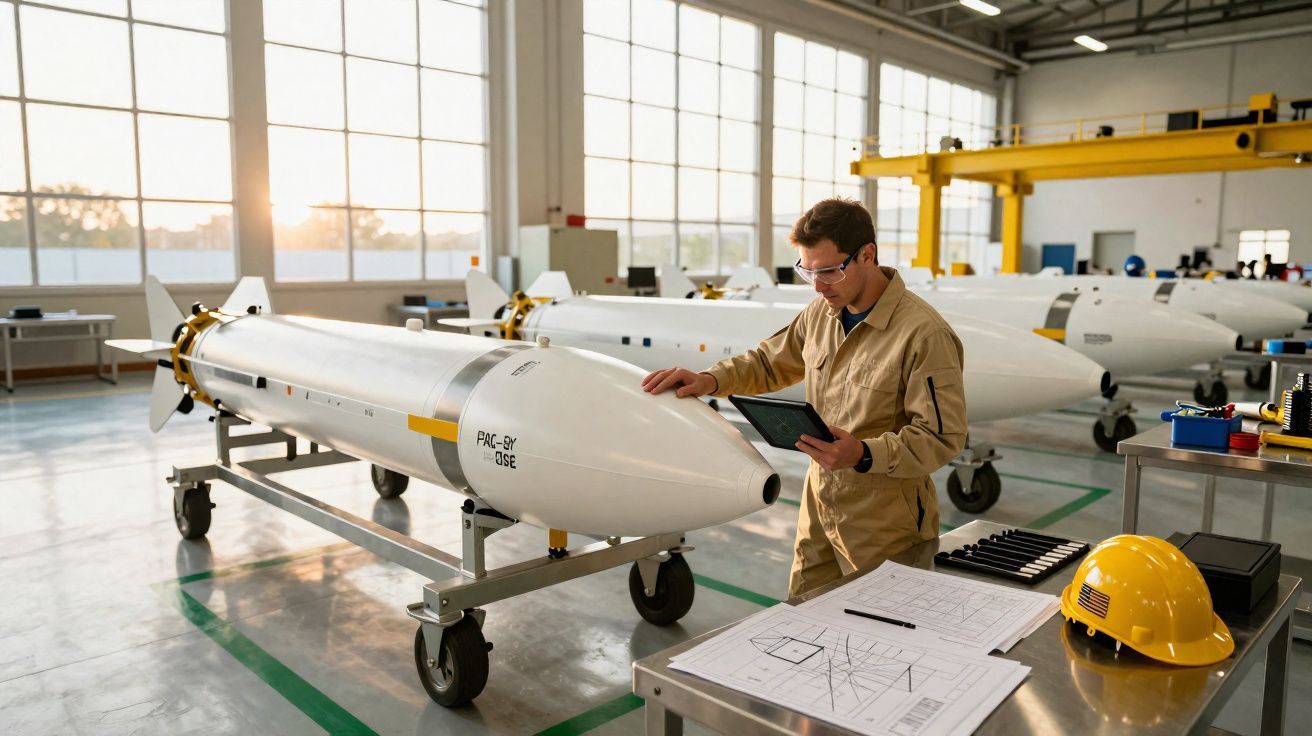 Engenheiro em macacão e óculos de proteção inspeciona foguete numa instalação industrial com planos e capacete amarelo.