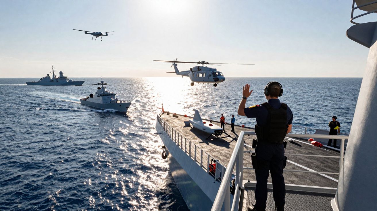 Homem controla operação naval com navios, helicóptero e drone no mar ao pôr do sol.