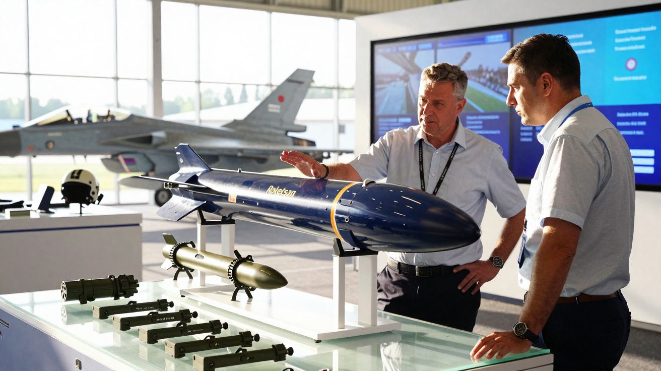 Dois homens analisam modelos de armamento militar numa exposição em hangar com caça ao fundo.