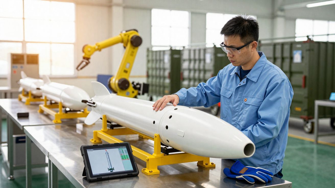 Homem com óculos de proteção e fato azul verifica dispositivo branco em fábrica com braço robótico e tablet.