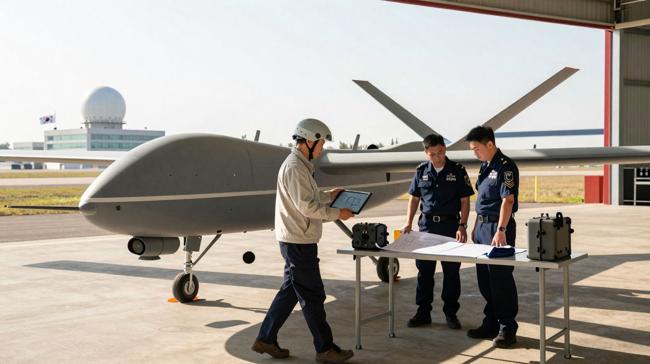 Homens em uniforme militar analisam planos junto a drone num hangar de aeroporto.