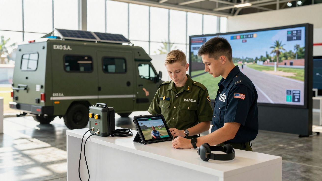 Dois militares a operar um tablet num ambiente interior com veículo militar e ecrã de simulador ao fundo.