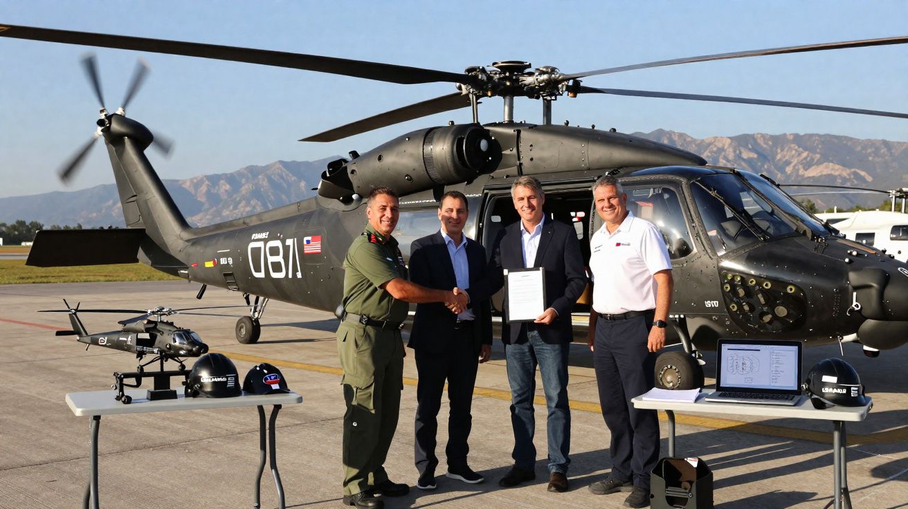 Quatro homens ao lado de um helicóptero militar preto, apertando as mãos e segurando documento no aeroporto.