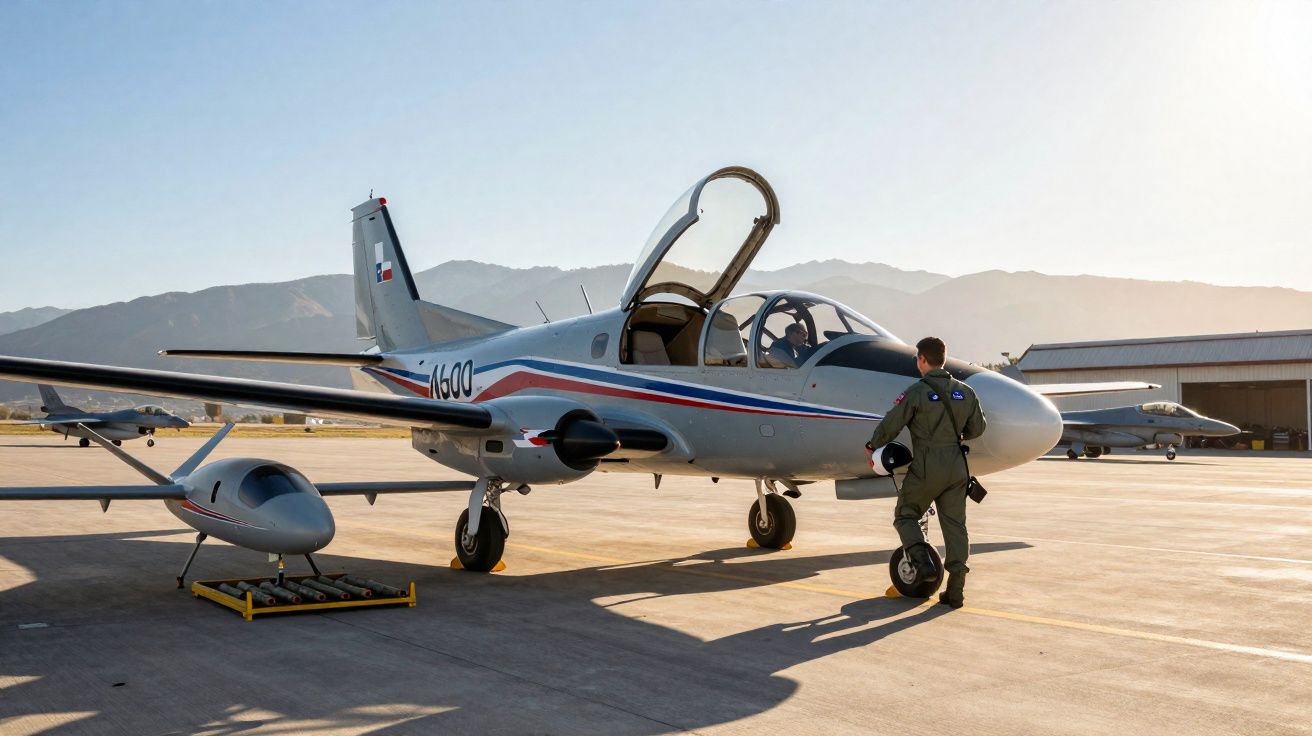 Piloto junto a aeronave cinzenta com porta aberta em pista de aeroporto rodeada de montanhas ao pôr do sol.