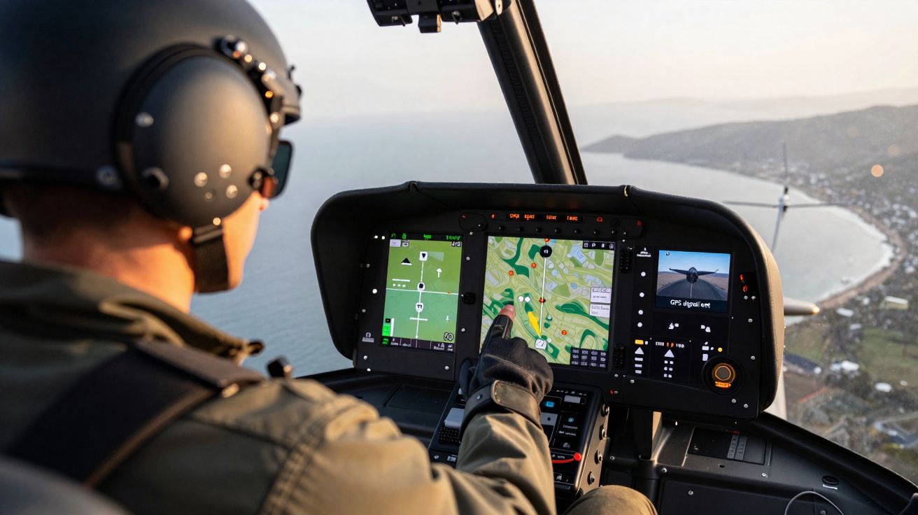Piloto militar dentro de helicóptero a operar sistema de navegação com mapas digitais sobre costa marítima.