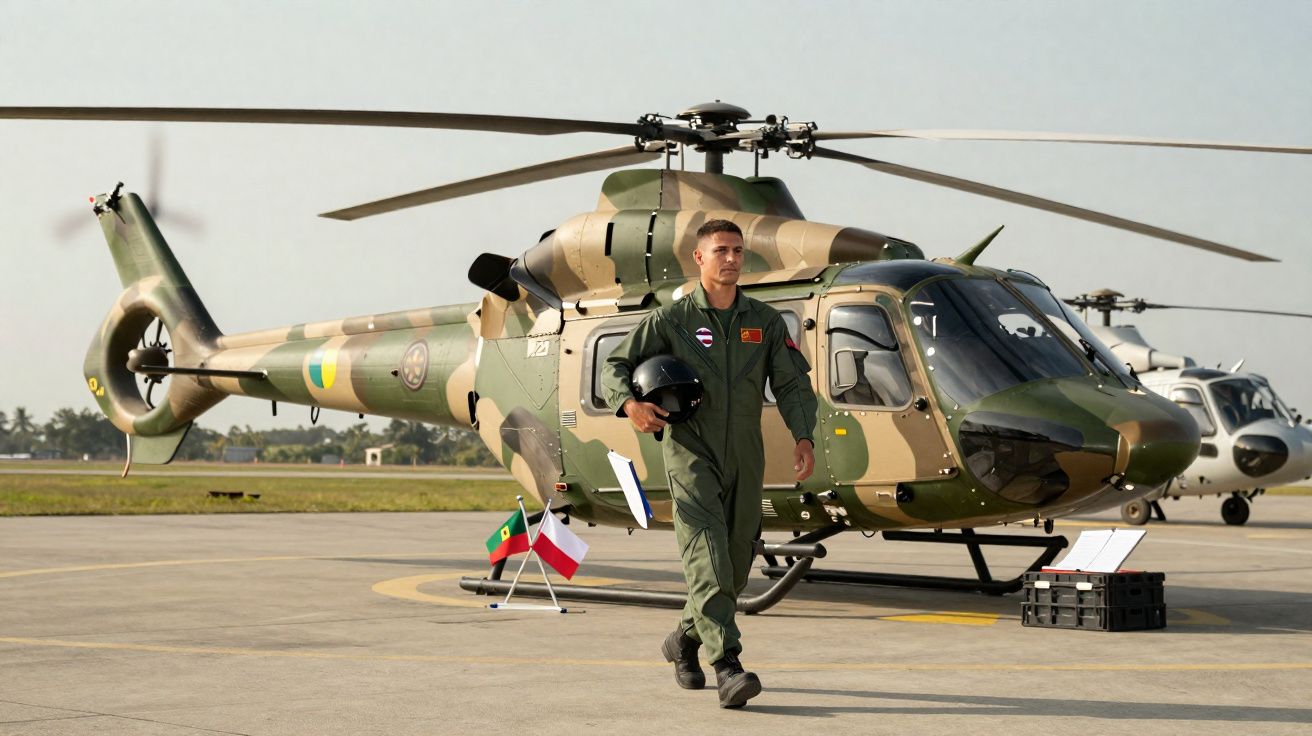 Militar em fato de voo camuflado a caminhar numa pista junto de helicópteros militares camuflados.