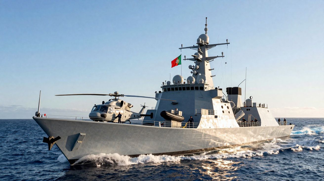 Fragata portuguesa a navegar no mar com um helicóptero na sua plataforma de convés.