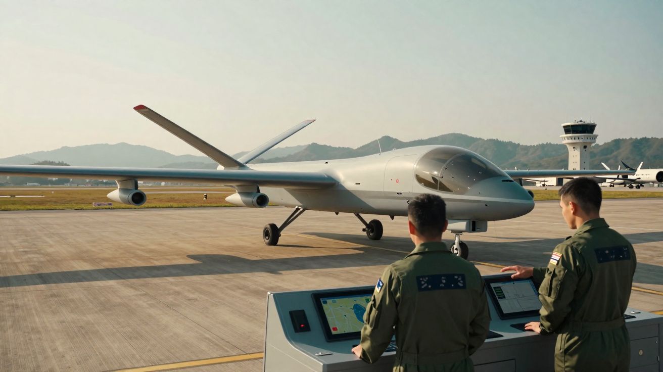 Dois militares controlam remotamente um drone de grande porte numa pista de aeroporto com montanhas ao fundo.